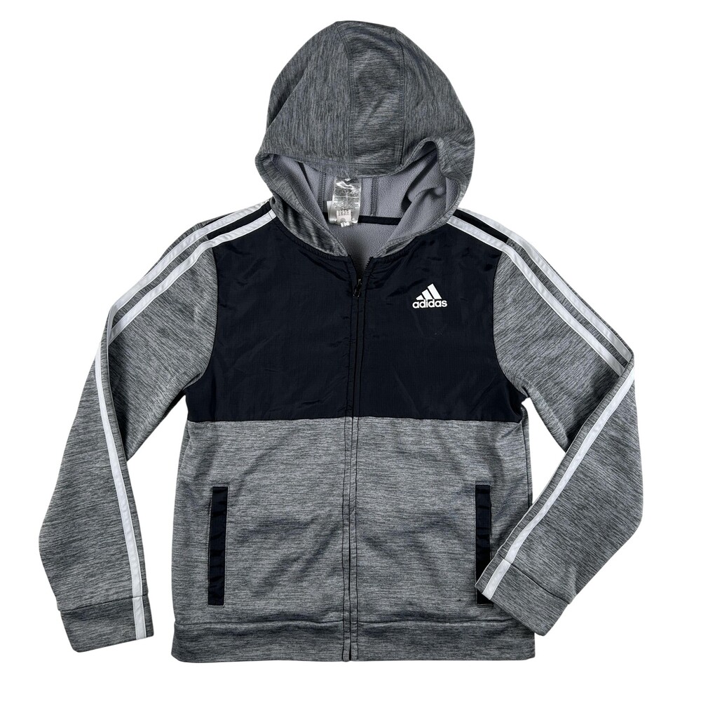 Adidas Track Jacket Youth Medium 10/12 Gray Hooded Full Zip Fleece Athletic